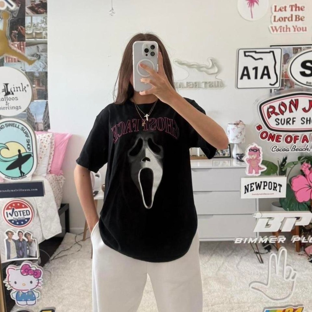 black and pink Ghost Face‎ graphic t shirt